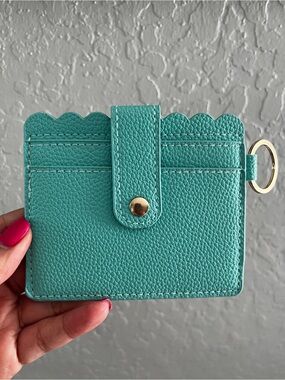 Scalloped Edge Teal Card Holder Mini Wallet with Keyring